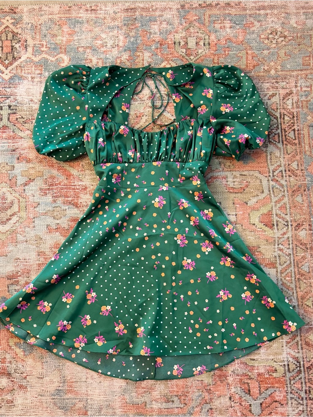 For Love & Lemons Green Floral Puff-Sleeve Mini Dress